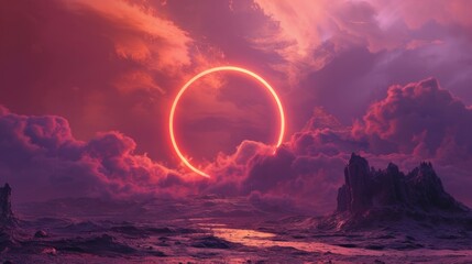 Abstract futuristic fantasy desert landscape, fiery circle, neon circle. Gloomy clouds, clouds, light circle. Sci-fi landscape of an alien planet. Unreal world. 3D illustration.