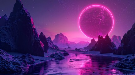 Futuristic fantasy landscape, sci-fi landscape with planet, neon light, cold planet. 3d illustration.