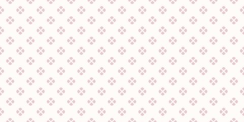 Simple minimal pink and white floral pattern. Vector minimalist seamless texture with small flower shapes, leaves, petals. Abstract cute geometric background. Subtle repeated decorative geo design