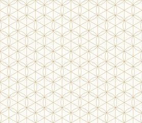 Modern minimal vector geometric seamless pattern with thin lines, hexagons, triangles, circles, grid. White and gold abstract background. Simple golden luxury linear texture. Repeated geo design