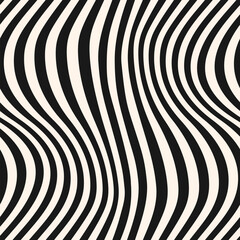 Vector abstract seamless pattern with curved lines, wavy stripes. Black and white distorted background. Groovy dynamical rippled texture, 3D visual effect, illusion of movement. Pop art repeat design