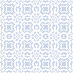 Abstract vector geometric seamless pattern. Subtle light blue and white background. Modern geo ornament with floral silhouettes. Texture with diamonds, stars, mosaic grid, repeat tiles. Elegant design