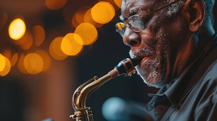 An African American senior man is playing the saxophone at stage during a jazz music concert