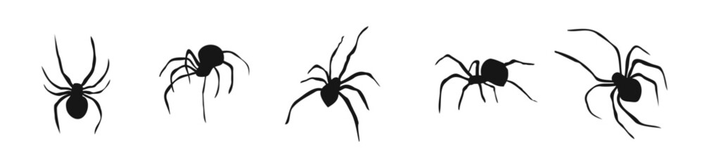 Spider flat silhouette set. Spiders vector collection.
