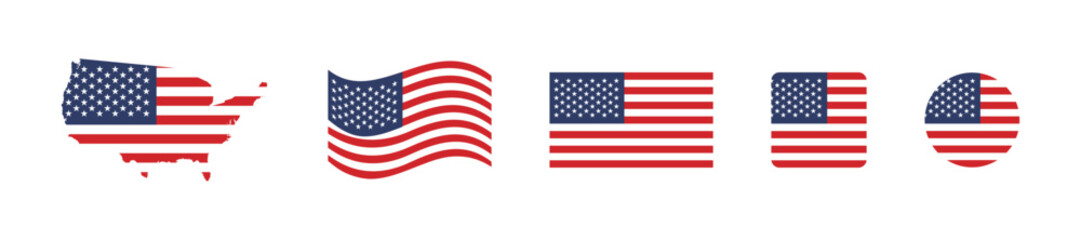 American national flag different shapes set. USA flags emblem. United States of America patriotic symbol set.