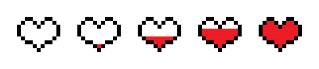 Pixel heart vector set. Health bar videogame design element.