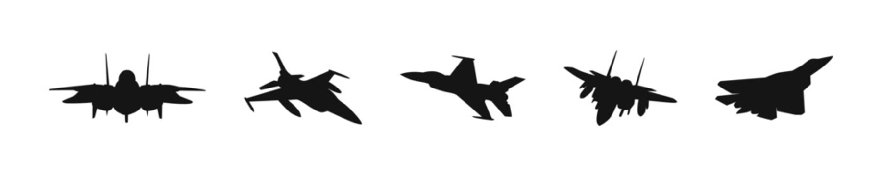 Jet fighter vector silhouette set. Military plane flat black collection.