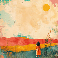 a child girl black hair in front of a colorful abstract background, handprinted childrens artwork, children, creativity, education, imagination, emotional resilience, growth, art, backdrop, artist