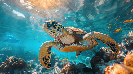 A vibrant underwater scene featuring a majestic sea turtle. Sunlight filters through the crystal-clear water, illuminating colorful coral reefs and schools of vibrant fish. 