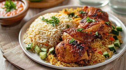 Fototapeta premium Chicken kabsa, homemade arabian rice, Saudi food. Generative Ai