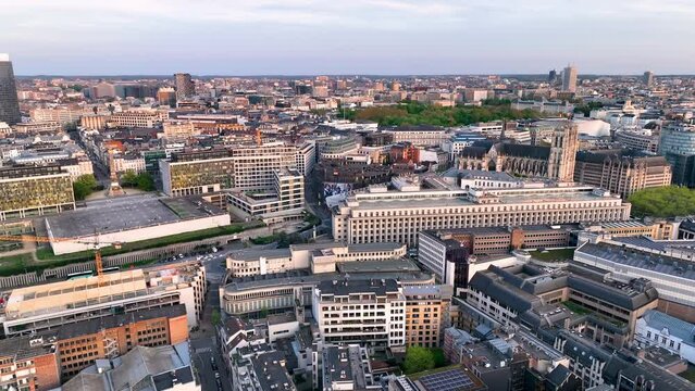 Aerial Shot of Brussels Skyline, Capital of Belgium. Popular tourist destination with ecliptic architecture. 4K. Europe