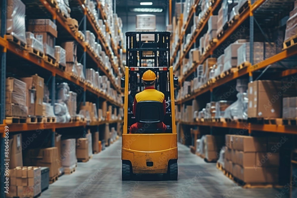 Poster smart warehouse worker or operator driving forklift and lifted product surrounded with box at storag