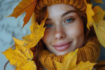 Autumn mood concept. happy smiling woman girl holding in her hands yellow maple leaves covering her eyes over gray wall background