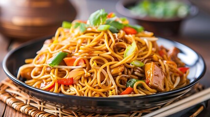 Chow mein noodles dish,chinses food. Generative Ai