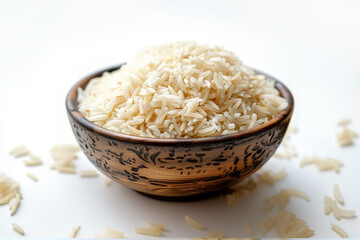 Rice in a bowl on a white background.
