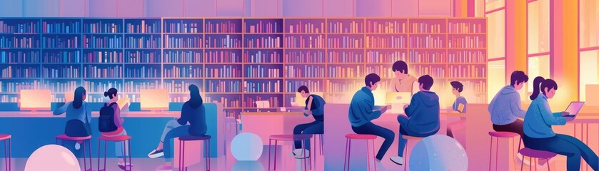 The people sitting in a library and studying illustration