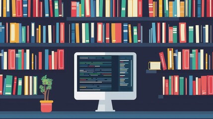 A library with a computer on a desk. The computer has a coding program open. The shelves are full of books.