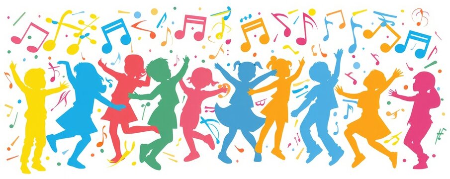 A group of children dancing happily with colorful music notes.