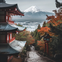 Scenic View of Mount Fuji with Traditional Japanese Architecture