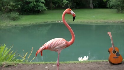 A Flamingo With A Guitar Playing Music By A Pond