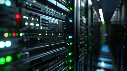 Naklejka premium Rack Server on server room Data center, server room security, data center server, web host warehouse data server cabinets network storage database.