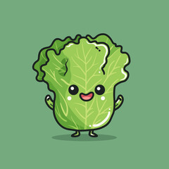 A cartoon lettuce is smiling and has a happy expression. The lettuce is green and has a leafy appearance