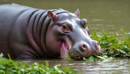 A Hippopotamus With Its Mouth Full Of Leaves Munc