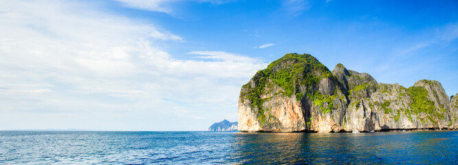 Beautiful panoramic landscape of the Maya Bay in Thailand - one of the most famous places with...