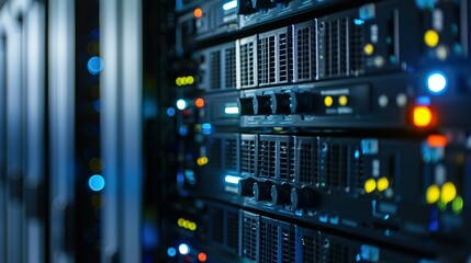 Naklejka premium Rack Server on server room Data center, server room security, data center server, web host warehouse data server cabinets network storage database.