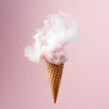 A playful image showing pink smoke spiraling from a waffle ice cream cone against a soft pink background, summer weight loss low calories diet design