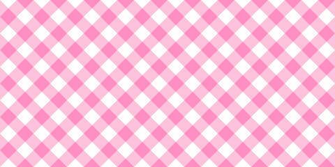 Pink and white diagonal gingham pattern. Textile design for teenage or baby girl. Tablecloth, picnic plaid, basket napkin, towel or handkerchief print. Checkered background. Vector flat illustration.