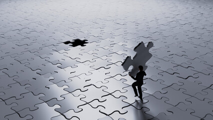 3d render of man placing the last piece of a giant jigsaw puzzle in place.