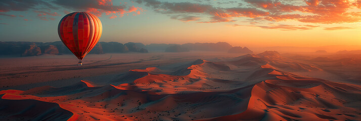 a breathtaking aerial shot of a hot air balloon floating serenely over a vast desert landscape. Rolling sand dunes stretch to the horizon in warm tones of red and orange. 