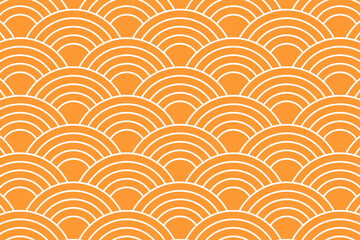 Orange arch shapes. Repeating suns wallpaper. Japanese seigaiha pattern. Sea or ocean waves background. Scallops print. Fish squama or dragon scale. Simple geometric ornament. Vector flat illustration