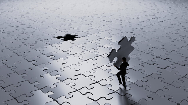3d render of man placing the last piece of a giant jigsaw puzzle in place.