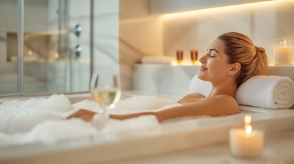 A young woman reclines in a bathtub filled with bubbles, holding a wine glass, surrounded by lit candles, conveying an atmosphere of luxury and relaxation - Generative AI