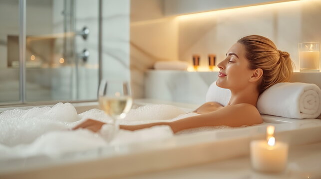 A young woman reclines in a bathtub filled with bubbles, holding a wine glass, surrounded by lit candles, conveying an atmosphere of luxury and relaxation - Generative AI