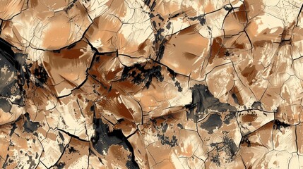 A vivid abstract illustration of cracked earth textures with a palette of brown, black, and gold hues.