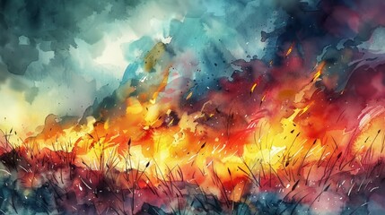 Captivating watercolor painting of a stormy field with vibrant flames engulfing the foreground, blending chaos with beauty.