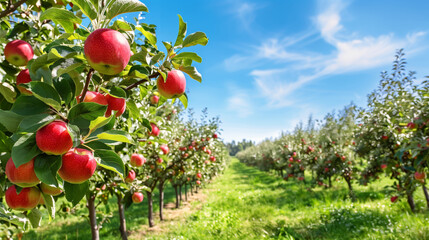 Bright red ripe apples on a tree branch in a summer garden