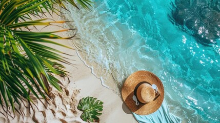 Beach towel, summer hat and sandals on a sandy beach with tropical island palm trees top view - obrazy, fototapety, plakaty