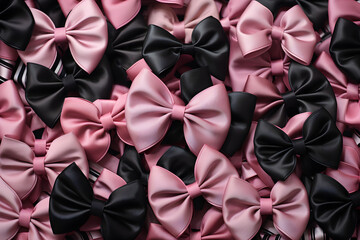Pattern of pink and black hair bows laid out on a soft velvet surface, aesthetic and stylish,  Generative AI,