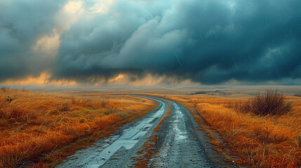 Winding Rural road before storm. Weather clouds