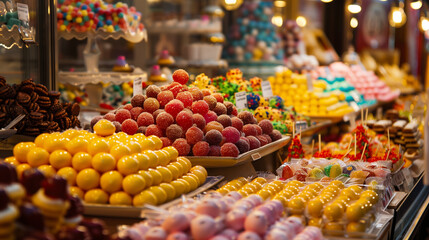 An assortment of candies showcased in a display cabinet, featuring jelly sugar candies. 