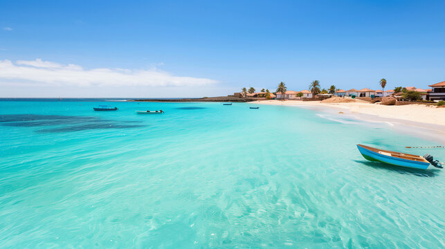landscape of The Cape Verde islands in the early morning with houses on the sea coast. Old boats in the foreground.