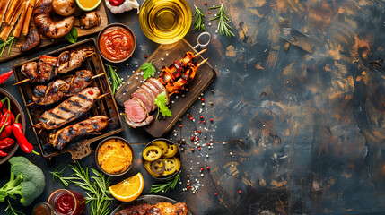 Banner. Barbecue food cooked on the grill, shot from above on a dark background. Place for text.