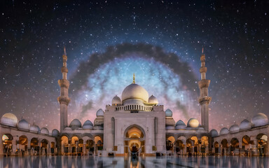 Obraz premium view of the mosque with a beautiful galaxy sky background