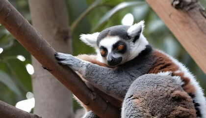 Naklejka premium A Lemur With Its Eyes Closed Napping In A Cozy Sp 2