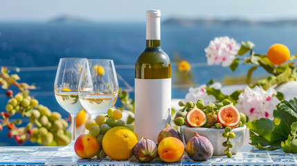 White wine in glas bottle with blank mock-up label, fruits and flowers on the background of the Mediterranean landscape