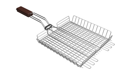 Metal grid grill with dark wood handle isolated on transparent and white background. Barbecue concept. 3D render